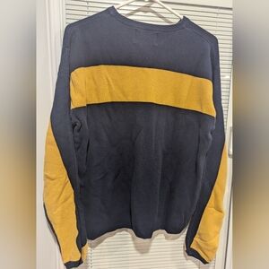 American Eagle 77 Men's Cotton Sweater Navy Blue Yellow Striped Crew Neck Small